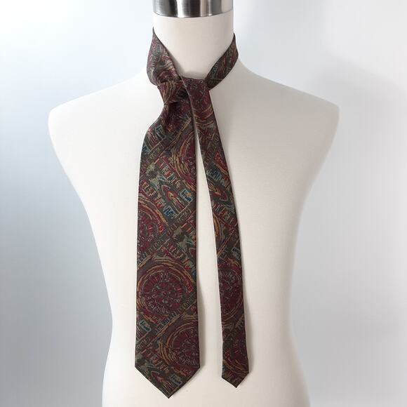 Noriko Kazuki Red Teal Blue Gold Abstract Silk Tie - Picture 1 of 3